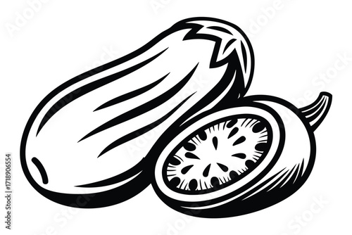 Black Outline Zucchini and Slice on White Background