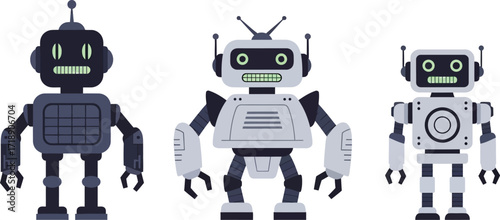Illustration of three cartoon robots on a plain white background editable stock