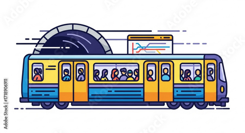 Illustration of a subway train with passengers traveling through a tunnel in a city underground system