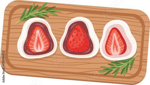 Three strawberry mochi on a wooden board with rosemary garnish editable stock