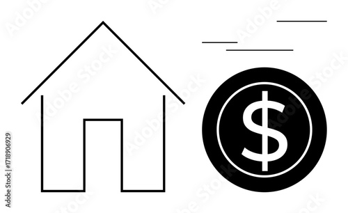 Simple house outline next to a coin marked with a dollar sign, evoking real estate investment, home financing, mortgage, property value, savings, budgeting, and a simple flat metaphor