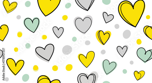 Seamless pattern with colorful hearts and dots on white ground editable stock