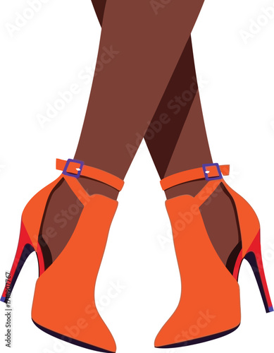 Crossed legs wearing orange high heel shoes on a white background editable stock