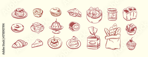 Bread and Cake in Hand-drawn style set, doodle Bakery sketch. Drawing of food elements. fresh baked bread , badge bakery for design menu cafe, label and packaging, whimsical vector illustration