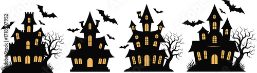 Spooky haunted houses with bats flying around for halloween themed vector design