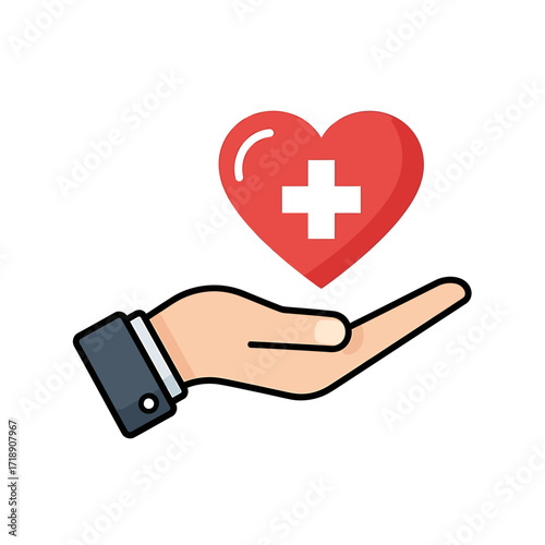 A hand gently holds a red heart with a white cross, symbolizing healthcare and compassion.