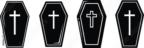 Four black coffin illustrations with crosses on a white background for halloween