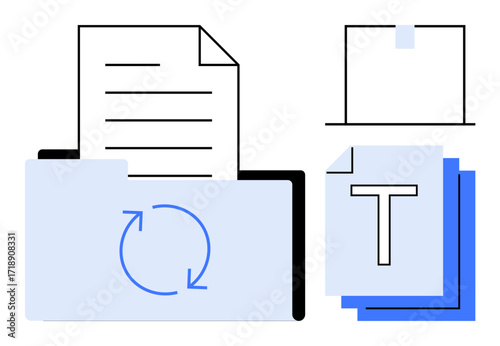 Folder containing files with sync icon, stack of text files, pinned document. Ideal for data management, workflow, digital organization, backup, productivity, archiving simple landing page