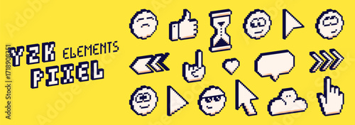 Pixel Y2K 3d user interface elements on yellow background. Isometric 8 bit emoji, arrows, gestures and speech bubble.