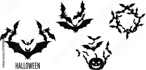 Spooky halloween designs featuring bats and a pumpkin on a white background