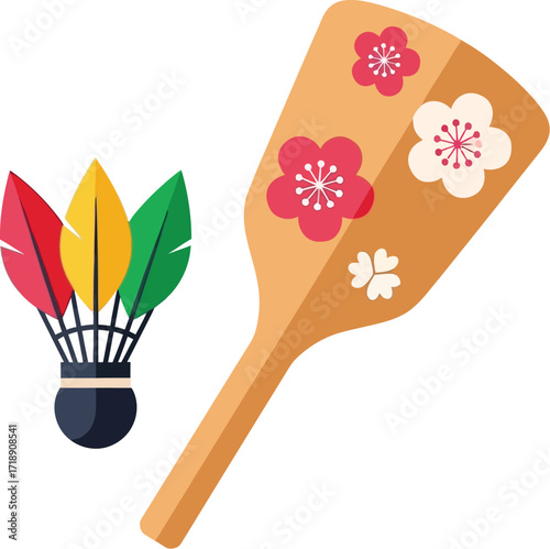 Illustration of a battledore and shuttlecock on a white background editable stock