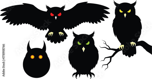 Silhouette owls with glowing eyes on white background for halloween illustration