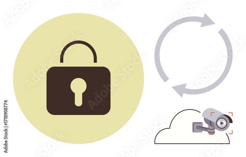 Lock symbolizes security, arrows indicate processes or continuity, cloud represents data storage, surveillance camera emphasizes monitoring. Ideal for cybersecurity, data safety, cloud solutions