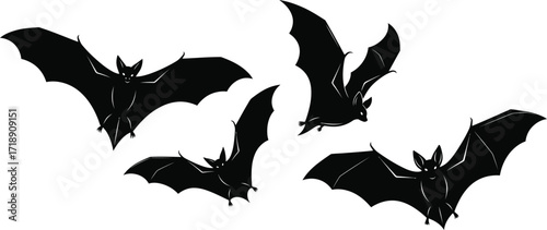 Silhouetted bats fly against a white background perfect for halloween designs