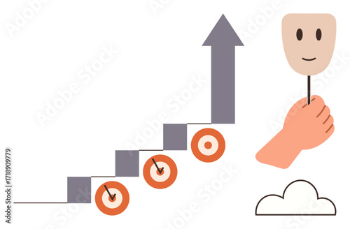 Hand holding a mask beside upward arrow steps with bullseye targets highlights goals, growth, targets, and personal authenticity. Ideal for success, self-discovery, strategy, achievement, aspiration