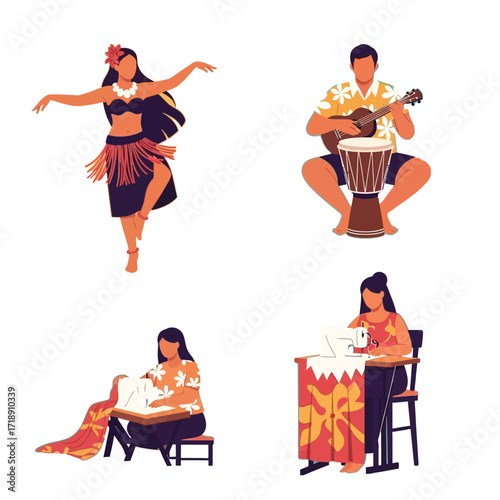 Four illustrations depict people engaged in traditional Hawaiian activities with vibrant colors.