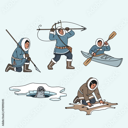 Five illustrations depicting Inuit people engaged in traditional activities, including hunting and crafting.