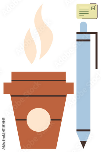 Coffee cup with rising steam, a blue pen, and a checklist evoke work, focus, organization, and creativity. Ideal for productivity, time management, planning writing office culture concentration