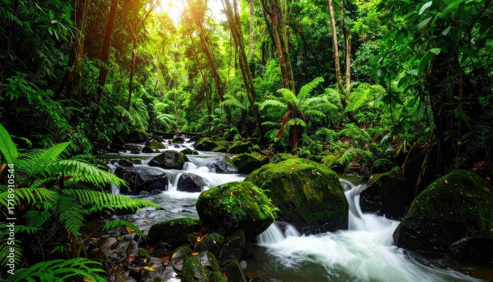 Fototapeta premium Sunlight Dappled Rainforest River Scene