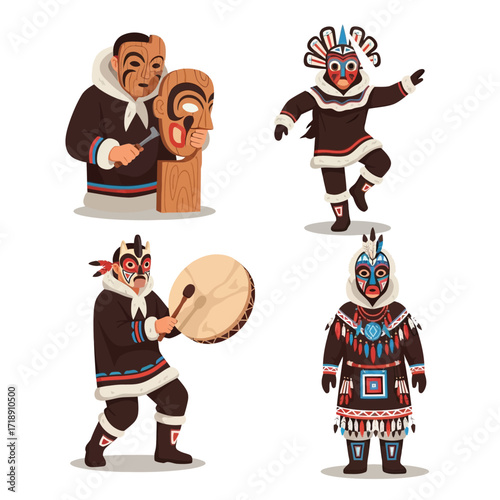 Four illustrations depict Inuit people in traditional clothing, masks, drumming, and dancing.