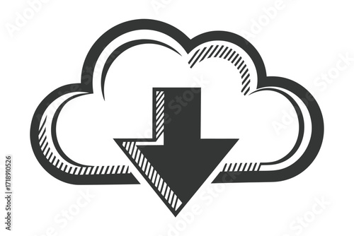 Cloud with Down Arrow on White Background, Isolated Icon