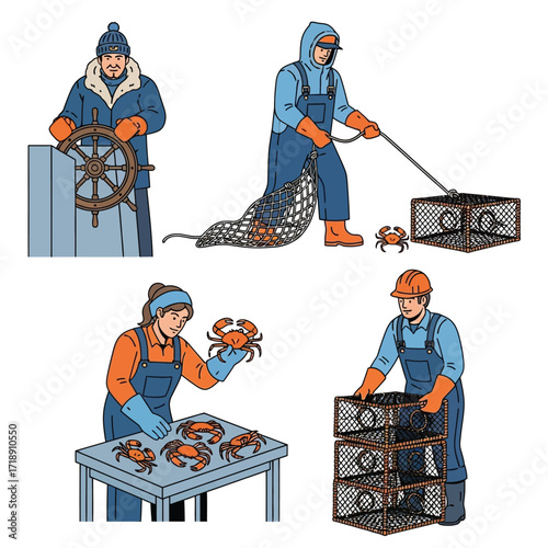 Four illustrations depict crab fishermen engaged in various tasks: steering a boat, hauling a net, inspecting crabs, and stacking crab traps.