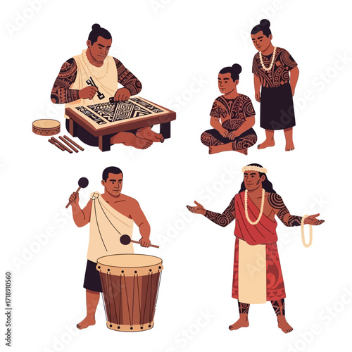 Four illustrations of Polynesian people engaged in traditional activities: carving, observing, drumming, and performing a ritual.