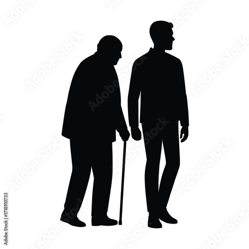 Silhouette of an Old Man Walking with a Cane Accompanied by a Younger Man
