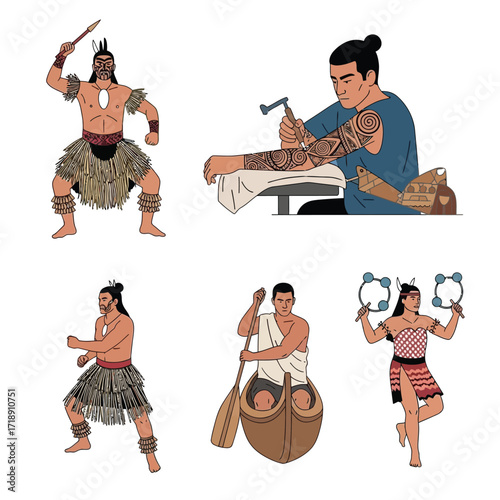 Diverse Maori figures depicted in various traditional activities, including fighting, tattooing, canoeing, and drumming.