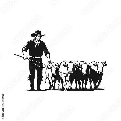 A cowboy herding a group of cattle using a lasso, a classic western scene in a stylized illustration.