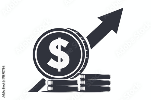Coin Stack with Arrow Pointing Upward on White Background for Finance Themes