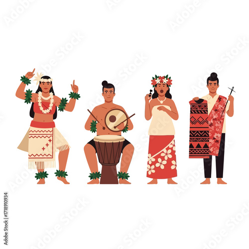 Four Polynesian people in traditional attire, performing cultural dances and music.