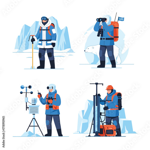 Four arctic researchers in winter gear, conducting various scientific studies on ice.