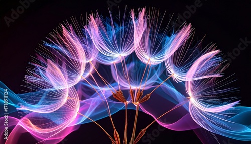 Neon light waves forming a surreal aura, radiating like floating seeds