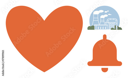 Large red heart, factory icon emitting smoke, and notification bell. Ideal for health, environment, pollution, climate, awareness campaigns alerts and sustainability. Simple flat metaphor