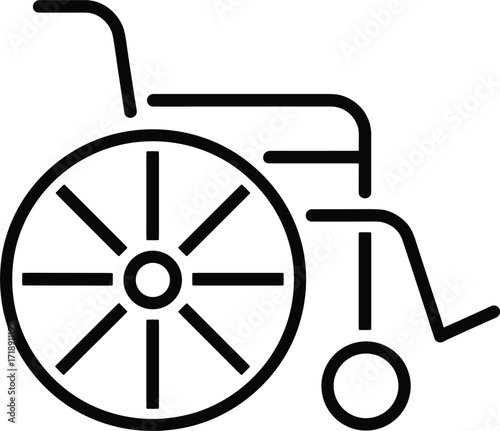 Black outline icon of a wheelchair on a white background Keywords: wheelchair, mobility