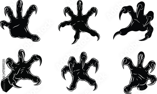 Six claw marks in black silhouette for halloween or monster themed designs