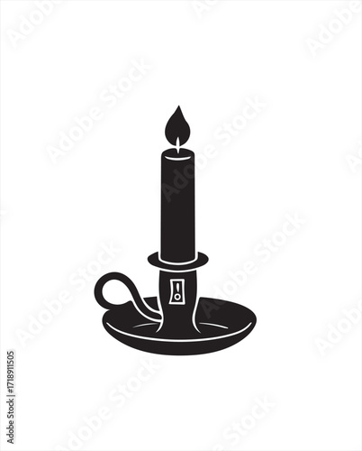Black silhouette of a lit candle in a vintage candlestick on a white background flame light