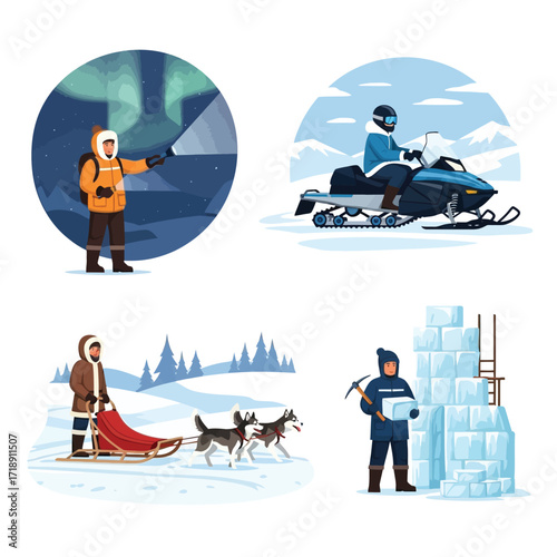 Illustrations depicting winter activities: aurora viewing, snowmobiling, dog sledding, and ice block construction.