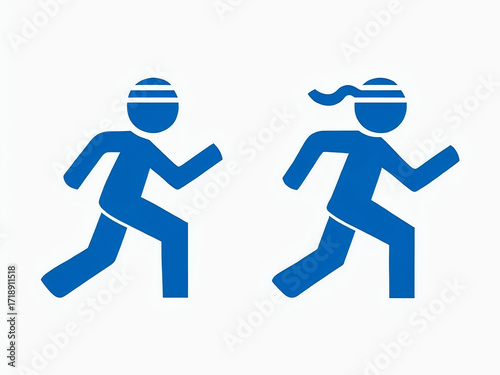 two blue silhouette running man icons representing fitness, sports, emergency exit signs, progress, activity, movement, speed, and dynamic urgency in design