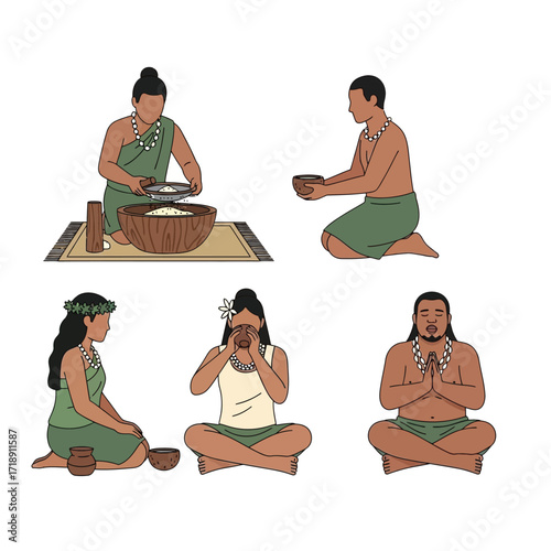 Five illustrations depict people in traditional attire performing various cultural activities.