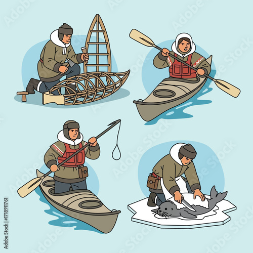 Inuit man constructs a kayak, paddles, hunts with a spear, and prepares a seal on ice.