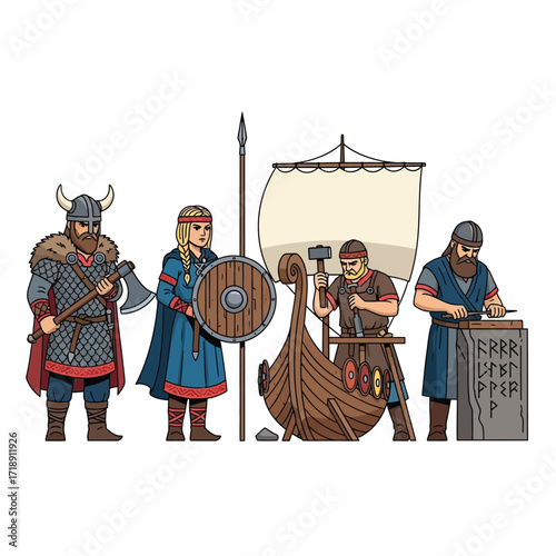 Viking warriors and craftsmen depicted in a historical illustration, showcasing various activities.