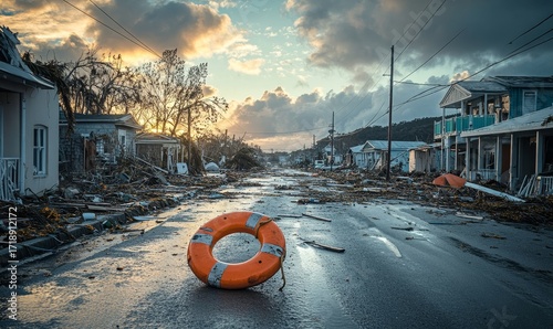 view of a storm-damaged street, depicting the aftermath of a natural disaster, with a life buoy symbolizing resilience in the face of climate change, Generative AI