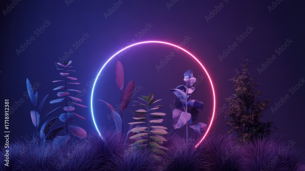 Fototapeta premium Surreal neon ring light illuminates lush purple and blue foliage at night circle glow