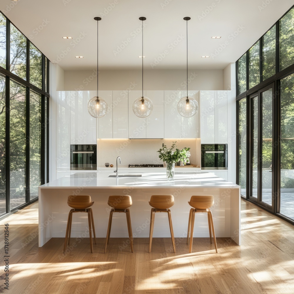 Fototapeta premium A bright, modern kitchen boasts clean white cabinetry, pendant lighting, and an expansive view.