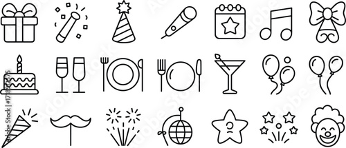 Collection of party and celebration icons in outline style Keywords: party, celebration