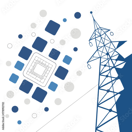 Abstract illustration combining power transmission tower with digital data network