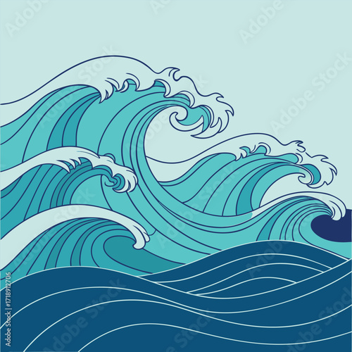 Stylized blue ocean waves with white crests in a simple art style
