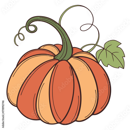 A colorful cartoon illustration depicting a plump pumpkin with a green stem